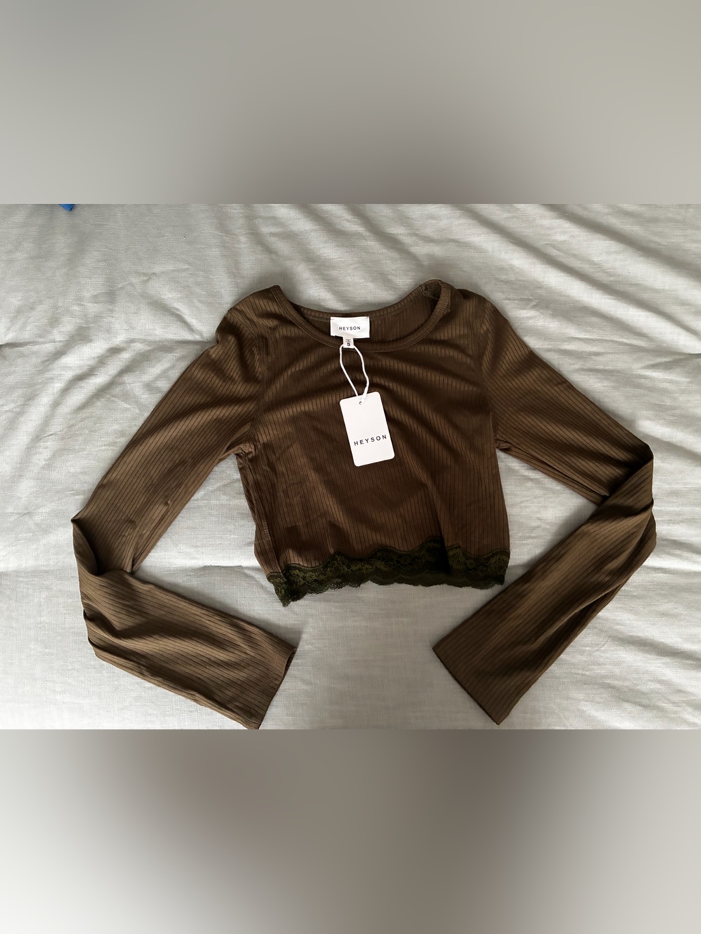 Heyson Olive Green Ribbed Long-Sleeve Lace-Trim Crop Top